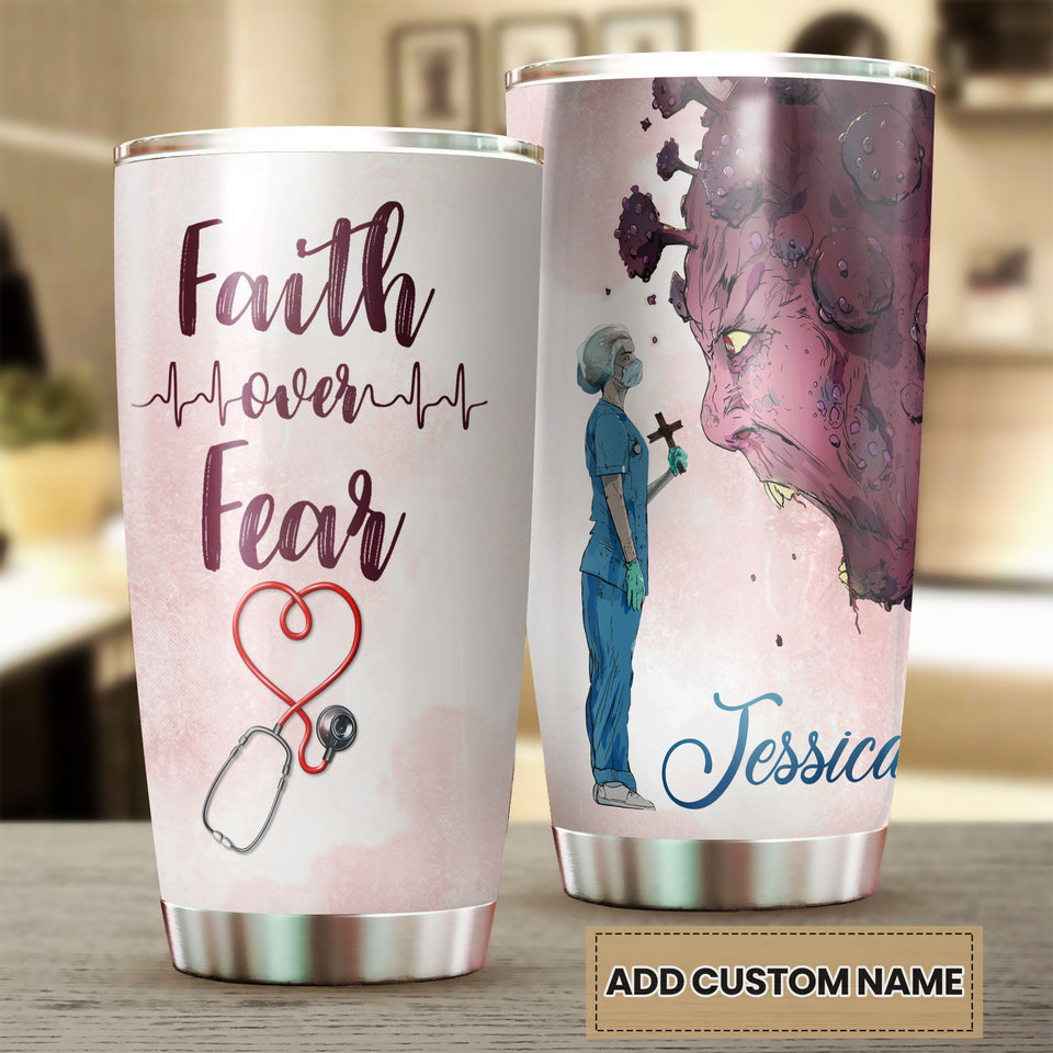 Camellia Personalized Nurse Faith Over Fear Stainless Steel Tumbler - Double-Walled Insulation Vacumm Flask - Gift For Nurse, Christmas Gift, International Nurses Day