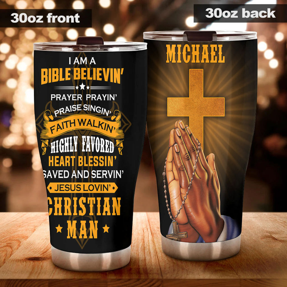 Camellia Personalized I Am Bible Believin Stainless Steel Tumbler-Double-Walled Travel Therma Cup With Lid