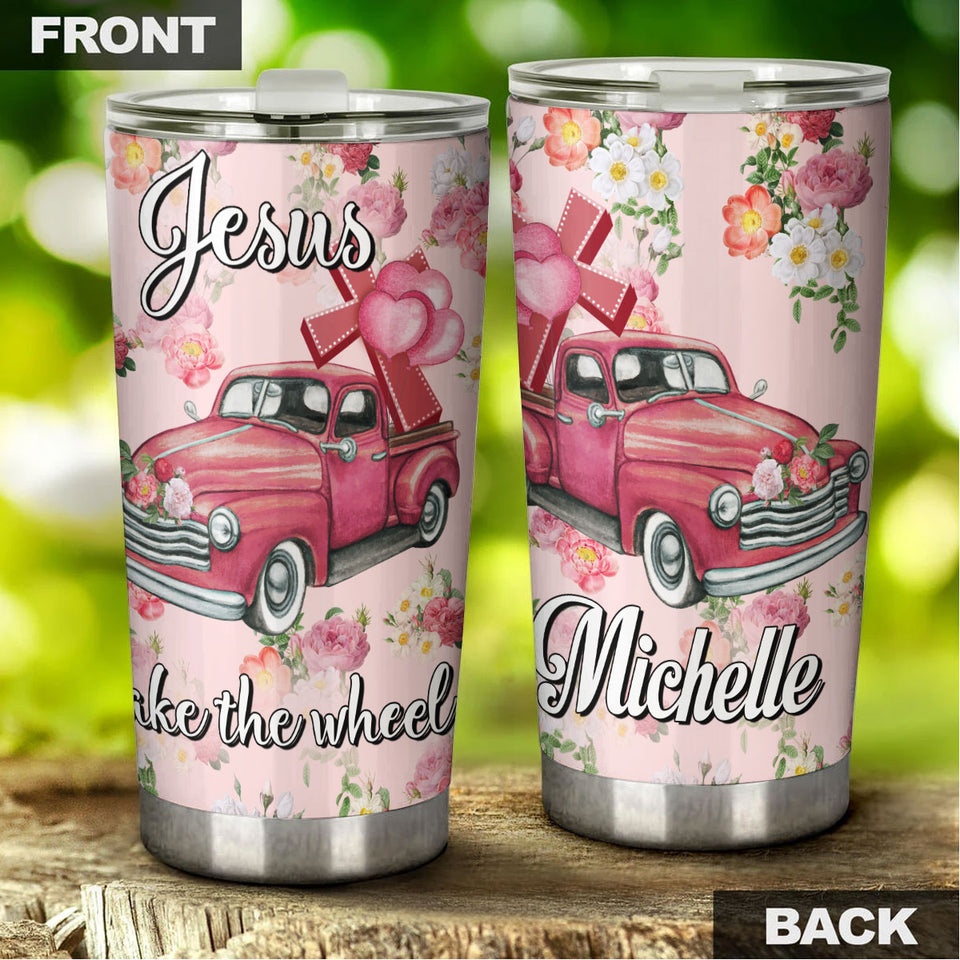 Camellia Personalized Faith Jesus Take The wheel Pink Car Stainless Steel Tumbler-Double-Walled Insulation Travel Cup With Lid