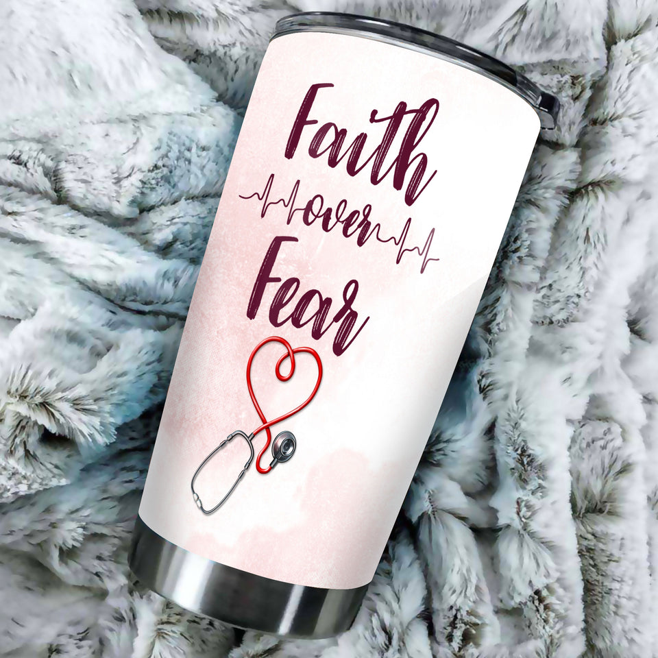 Camellia Personalized Nurse Faith Over Fear Stainless Steel Tumbler - Double-Walled Insulation Vacumm Flask - Gift For Nurse, Christmas Gift, International Nurses Day