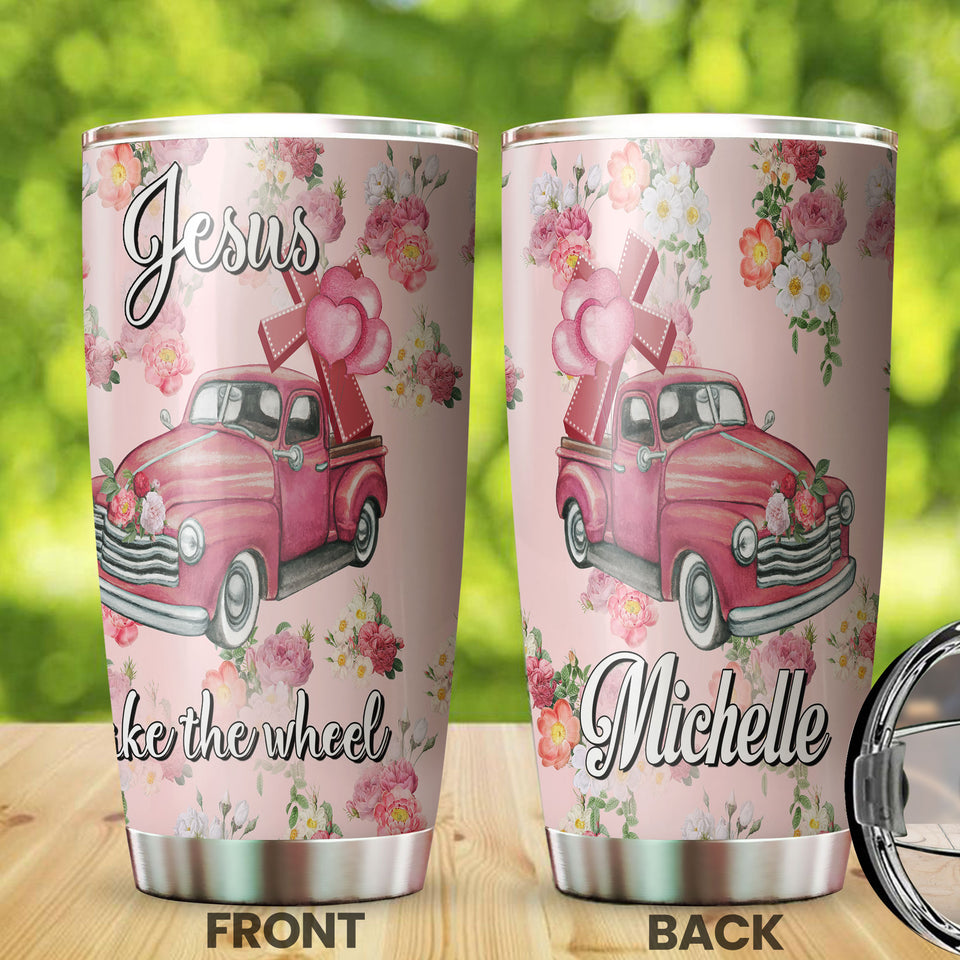Camellia Personalized Faith Jesus Take The wheel Pink Car Stainless Steel Tumbler-Double-Walled Insulation Travel Cup With Lid