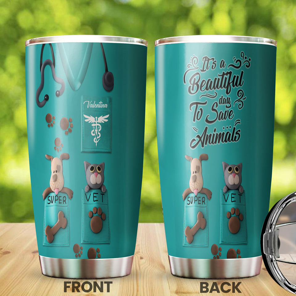 Camellia Personalized 3D Dog Cat Its A Beautiful Day To Save Animal Stainless Steel Tumbler - Customized Double-Walled Insulation Travel Thermal Cup With Lid Gift For Veterinian