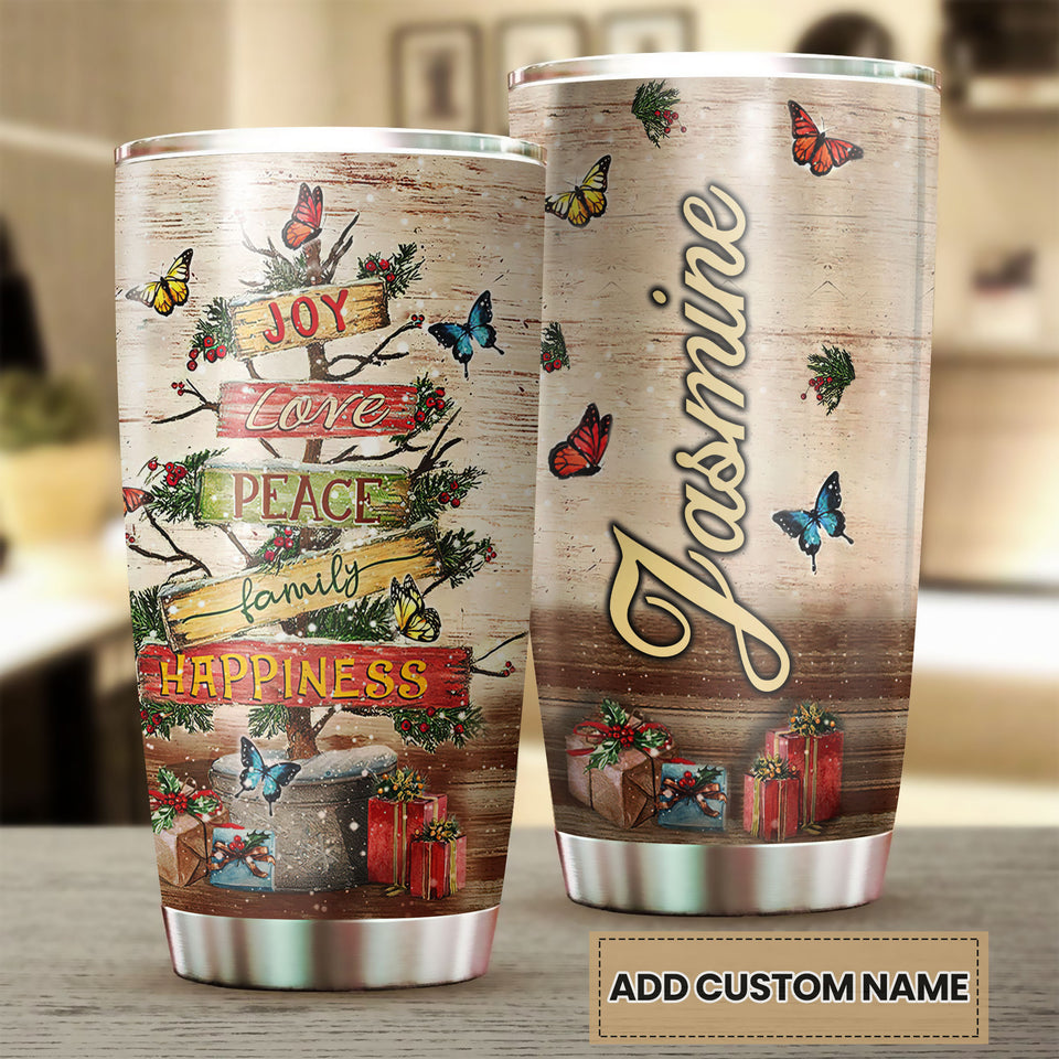 Camellia Personalized Christmas Tree Joy Love Peace Family Happiness Stainless Steel Tumbler - Customized Double-Walled Insulation Travel Thermal Cup With Lid