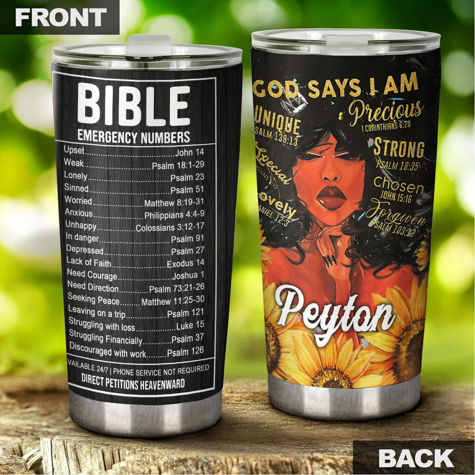 Camellia Personalized Black Woman God Says I Am Precious Stainless Steel Tumbler - Double-Walled Insulation Vacumm Flask - Gift For Black Queen, International Women's Day, Hippie Girls