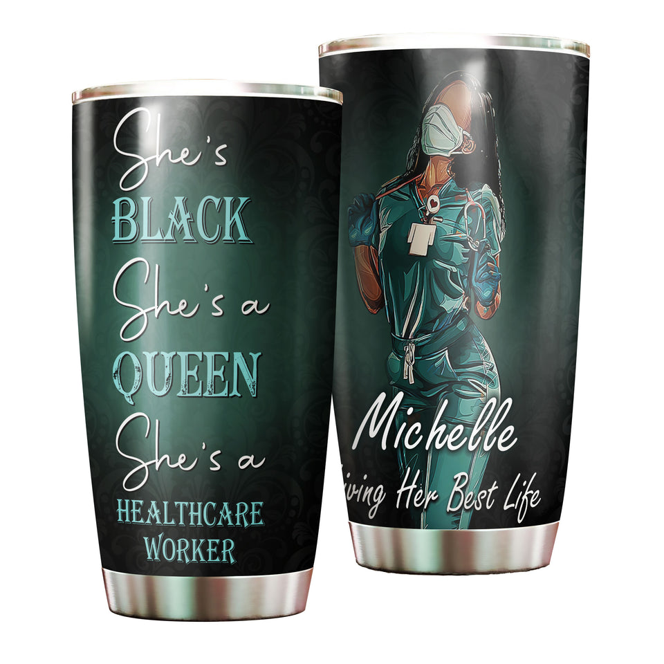 Camellia Personalized Black Nurse Stainless Steel Tumbler - Double-Walled Insulation Vacumm Flask - Gift For Black Queen, International Women's Day, Nurse's Day