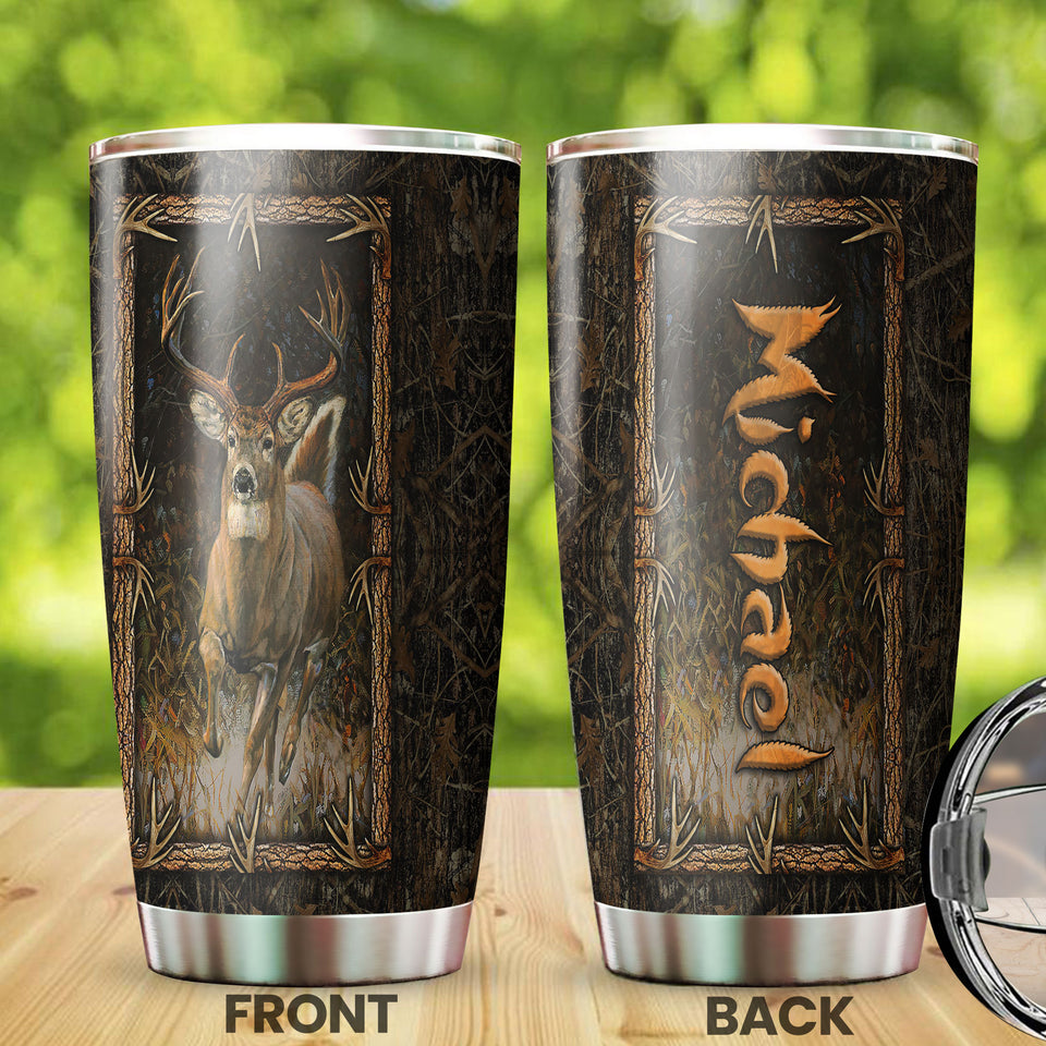 Camellia Personalized 3D Deer Hunting Forest Stainless Steel Tumbler - Customized Double-Walled Insulation Travel Thermal Cup With Lid Gift For Deer Lover