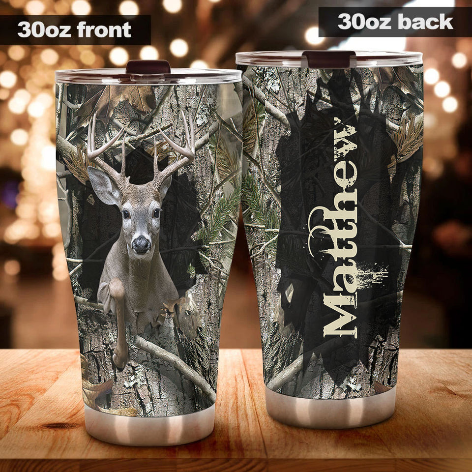 Camellia Personalized 3D Deer In Treestump Stainless Steel Tumbler - Customized Double-Walled Insulation Travel Thermal Cup With Lid Gift For Deer Lover