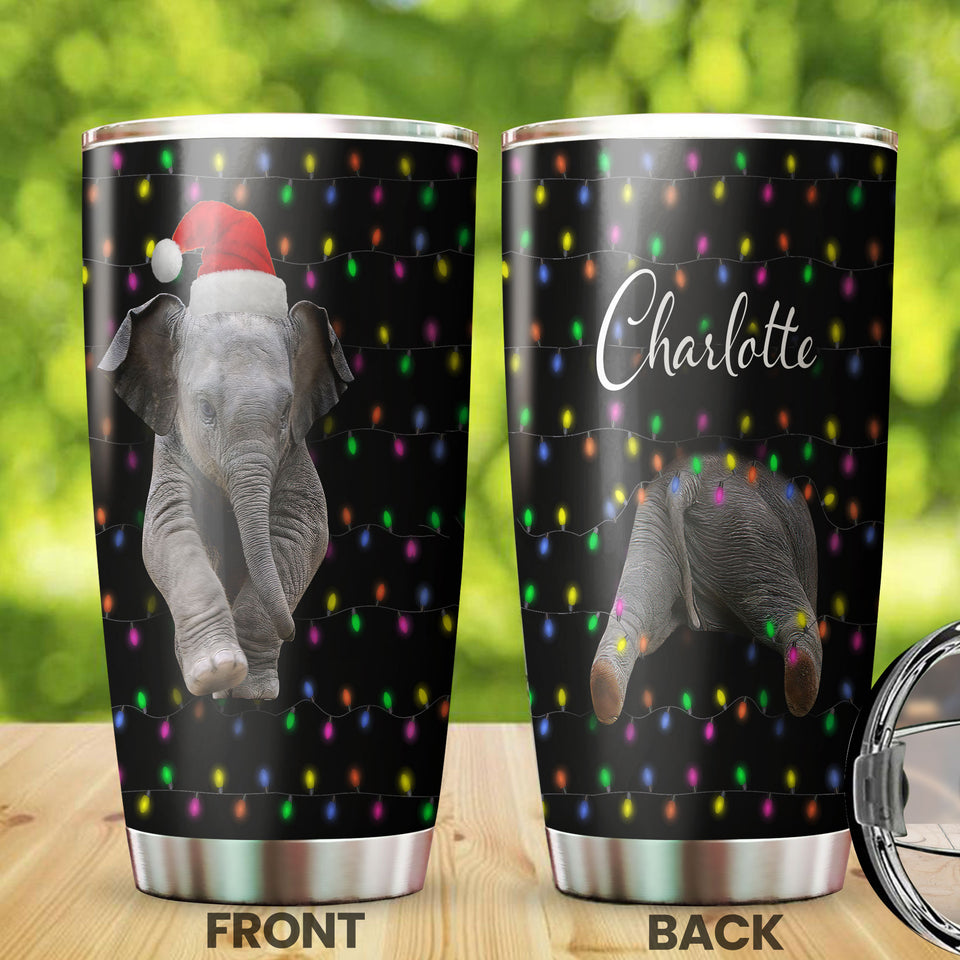 Camellia Personalized Baby Elephant Wear Chirstmas Hat Polka Dots Style Stainless Steel Tumbler-Double-Walled Travel Therma Cup With Lid
