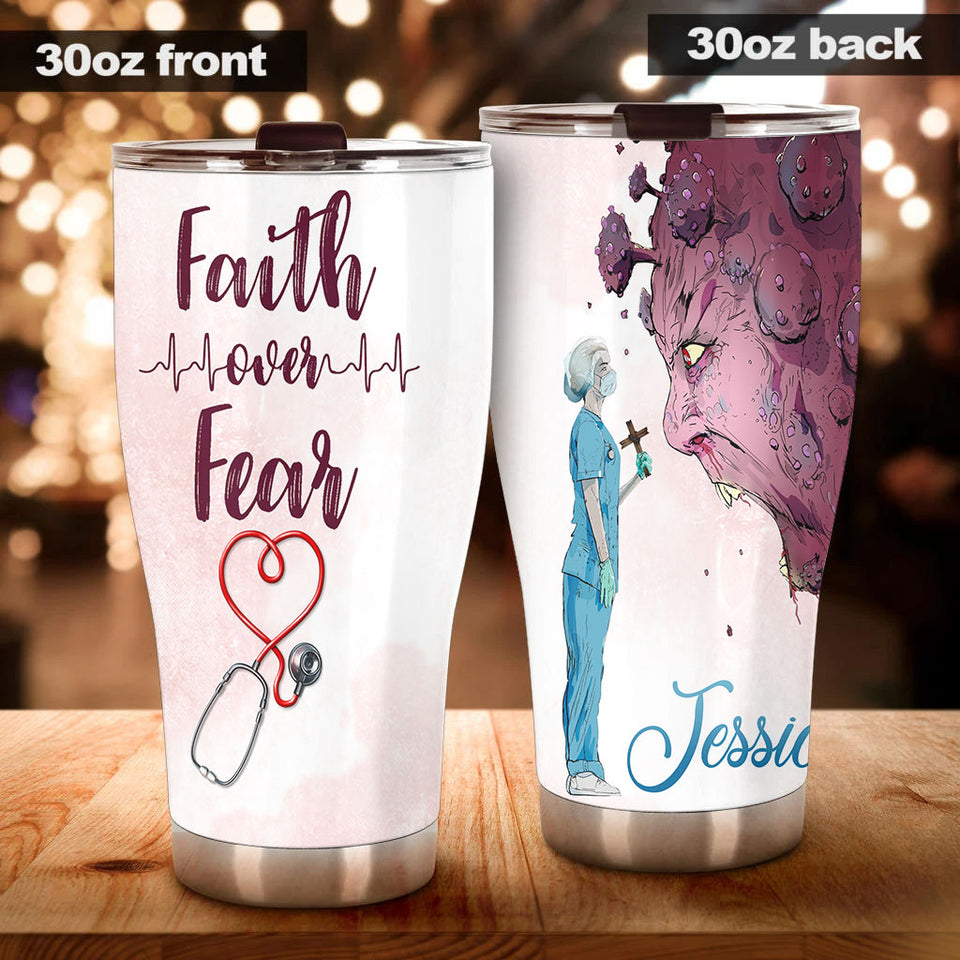 Camellia Personalized Nurse Faith Over Fear Stainless Steel Tumbler - Double-Walled Insulation Vacumm Flask - Gift For Nurse, Christmas Gift, International Nurses Day