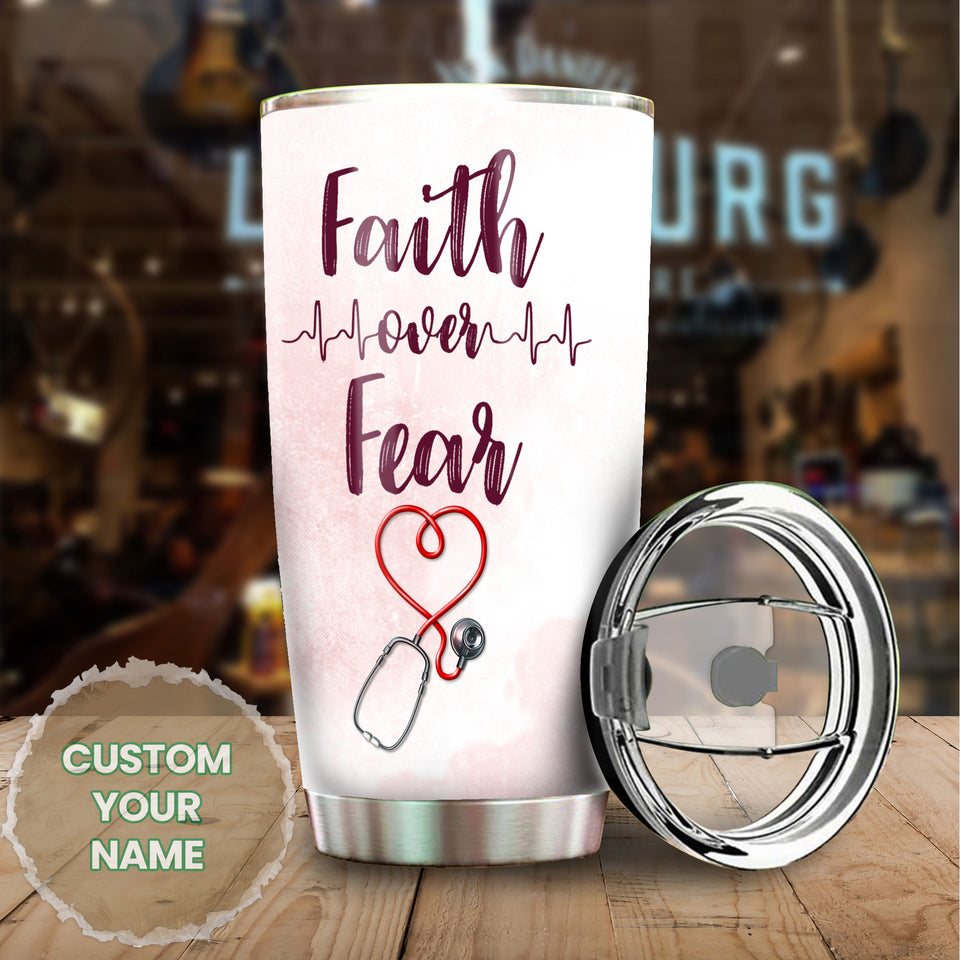 Camellia Personalized Nurse Faith Over Fear Stainless Steel Tumbler - Double-Walled Insulation Vacumm Flask - Gift For Nurse, Christmas Gift, International Nurses Day
