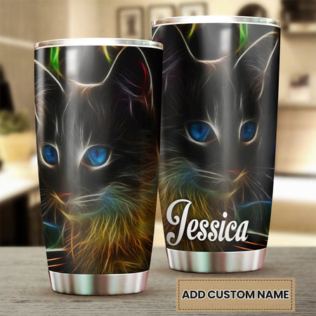 Camellia Personalized 3D Colorful Black Cat Face Stainless Steel Tumbler-Double-Walled Insulation Gift For Cat Lover Mom Cat