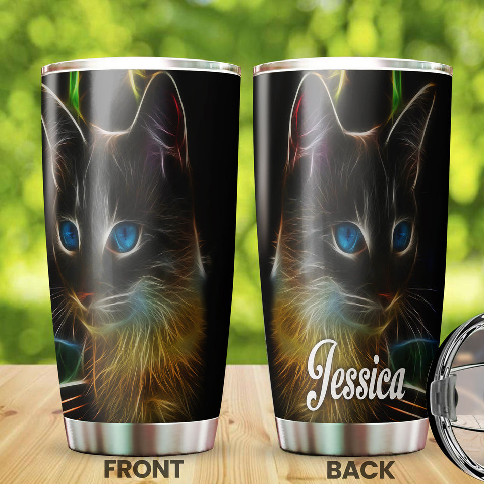 Camellia Personalized 3D Colorful Black Cat Face Stainless Steel Tumbler-Double-Walled Insulation Gift For Cat Lover Mom Cat