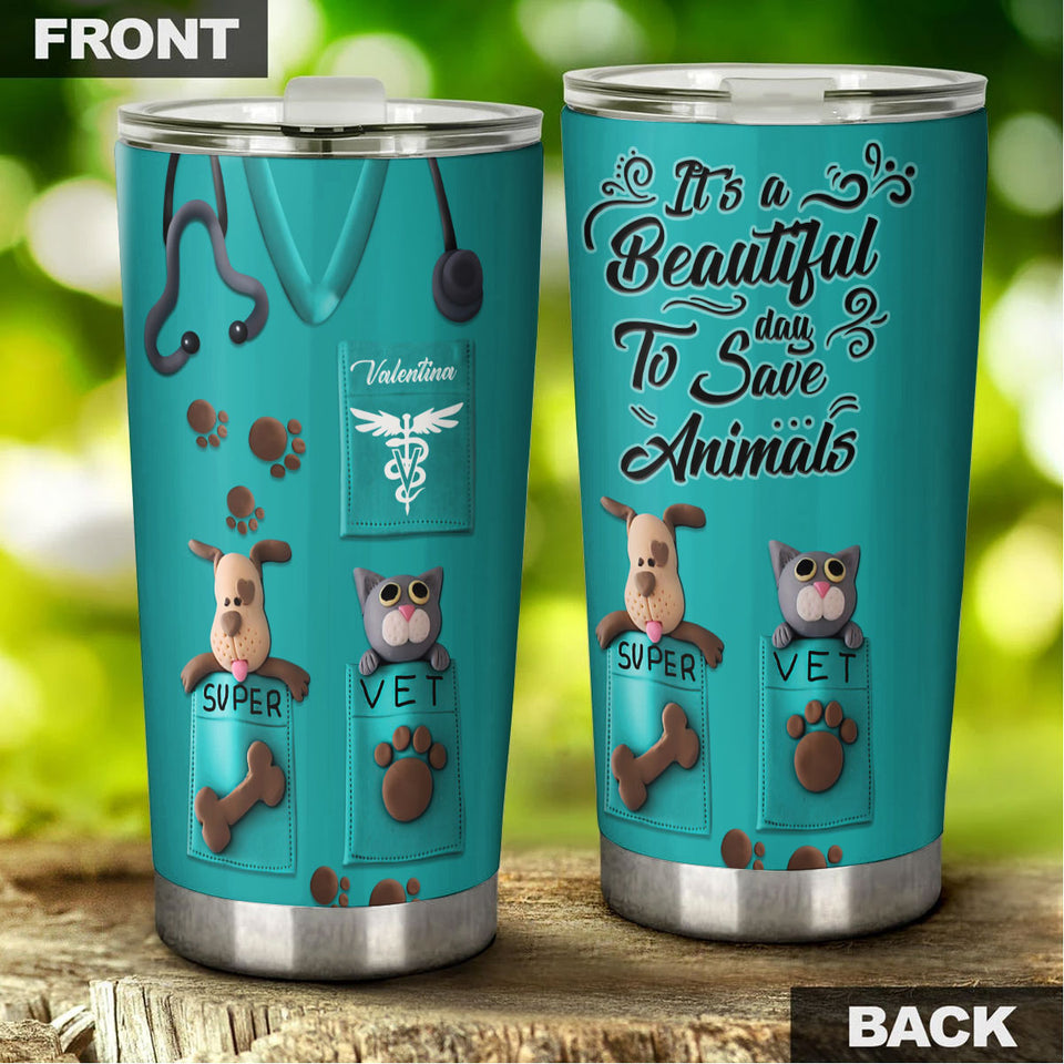 Camellia Personalized 3D Dog Cat Its A Beautiful Day To Save Animal Stainless Steel Tumbler - Customized Double-Walled Insulation Travel Thermal Cup With Lid Gift For Veterinian