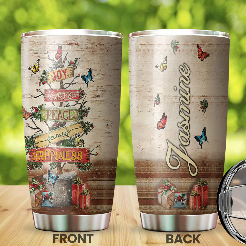 Camellia Personalized Christmas Tree Joy Love Peace Family Happiness Stainless Steel Tumbler - Customized Double-Walled Insulation Travel Thermal Cup With Lid