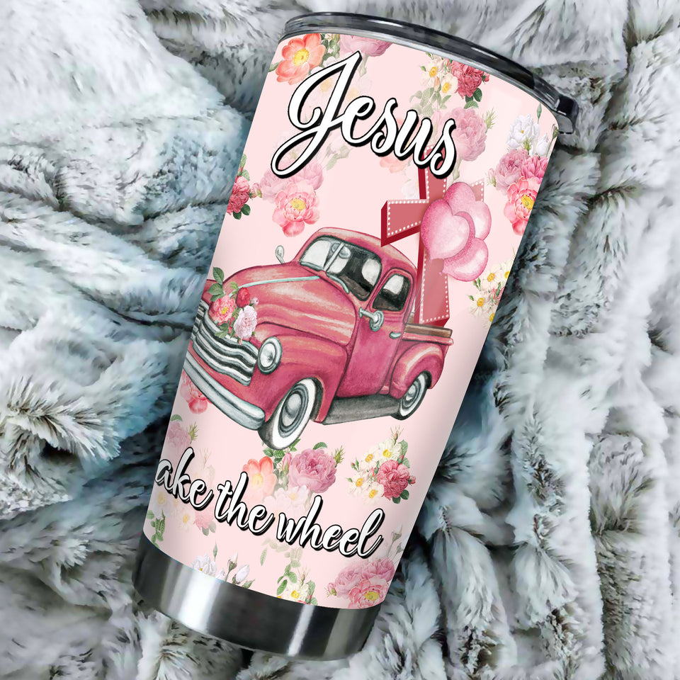 Camellia Personalized Faith Jesus Take The wheel Pink Car Stainless Steel Tumbler-Double-Walled Insulation Travel Cup With Lid