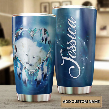 Camellia Persionalized 3D White Wolf Couple Stainless Steel Tumbler - Customized Double - Walled Insulation Travel Thermal Cup With Lid Gift For Couple Lover Husband Wife
