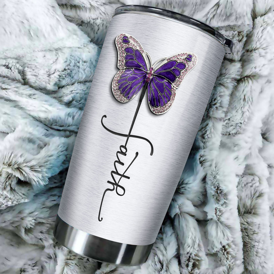 Camellia Personalized Butterfly Faith Jewelry Style Stainless Steel Tumbler - Double-Walled Insulation Vacumm Flask - For Thanksgiving, Memorial Day, Christians, Christmas Gift