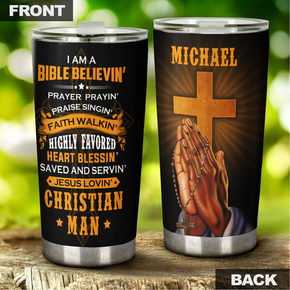 Camellia Personalized I Am Bible Believin Stainless Steel Tumbler-Double-Walled Travel Therma Cup With Lid