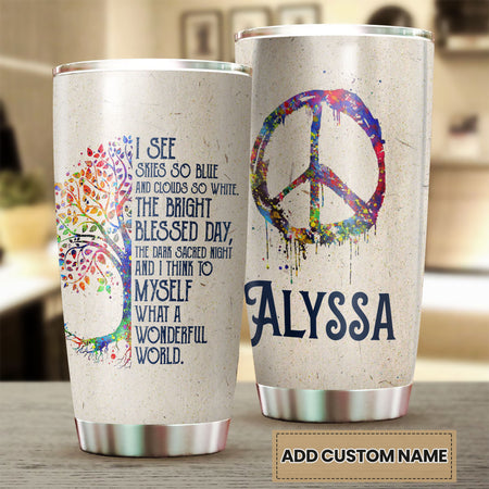 Camellia Personalized What A Wonderful World Hippie Style Stainless Steel Tumbler-Double-Walled Insulation Travel Cup With Lid 01