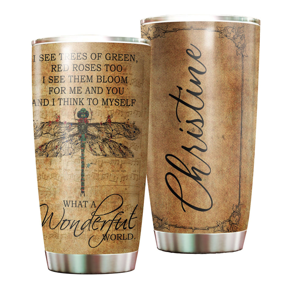 Camellia Personalized Dragonfly What A Wonderful World Stainless Steel Tumbler-Double-Walled Travel Therma Cup With Lid