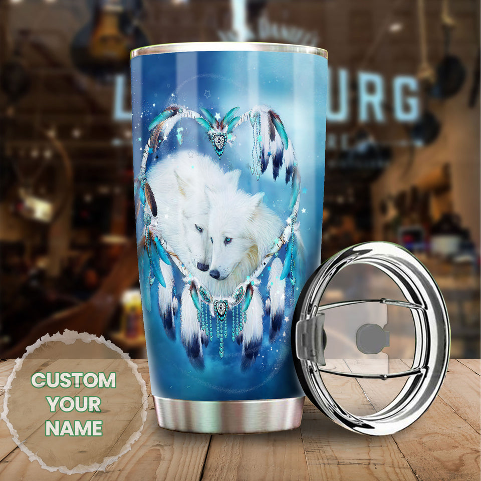 Camellia Persionalized 3D White Wolf Couple Stainless Steel Tumbler - Customized Double - Walled Insulation Travel Thermal Cup With Lid Gift For Couple Lover Husband Wife