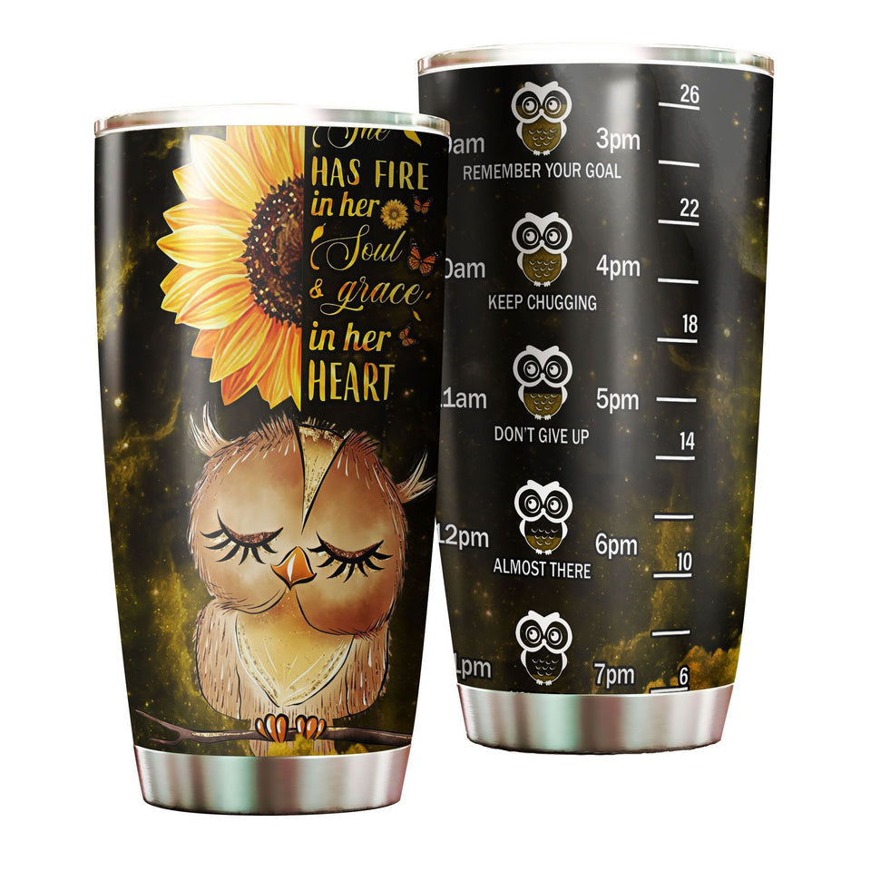 Camellia Personalized Owl She Has Fire In Her Soul Grace In Her Heart Stainless Steel Tumbler - Customized Double-Walled Insulation Travel Thermal Cup With Lid