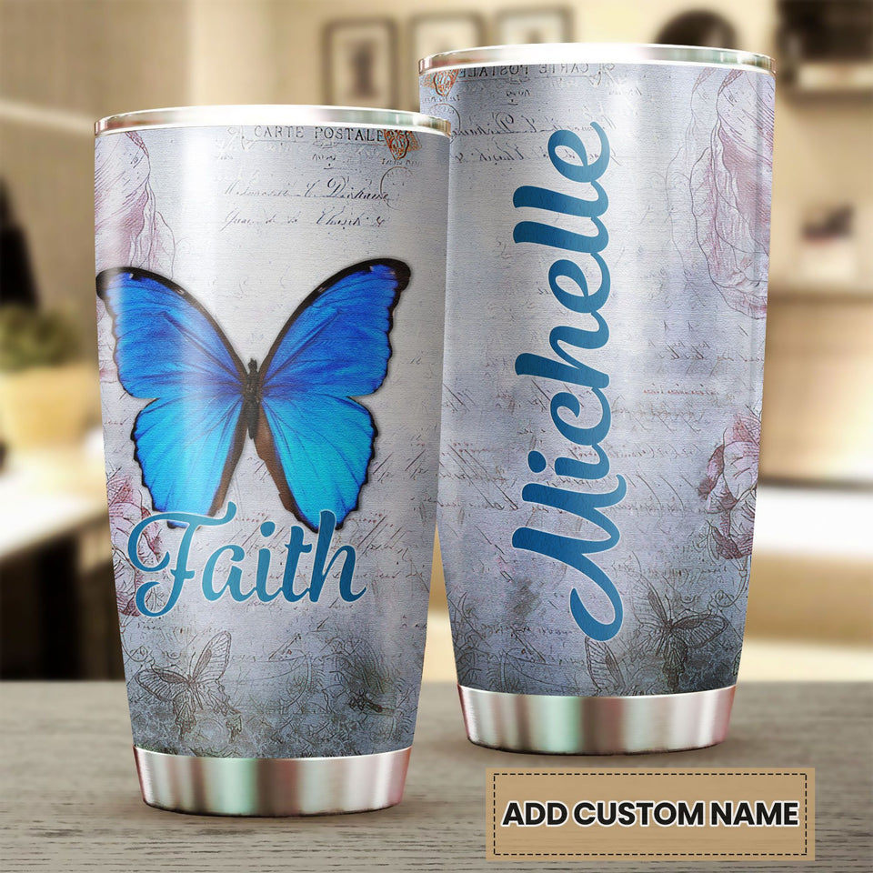 Camellia Personalized Butterfly Faith Stainless Steel Tumbler - Double-Walled Insulation Vacumm Flask - For Thanksgiving, Memorial Day, Christians, Christmas Gift