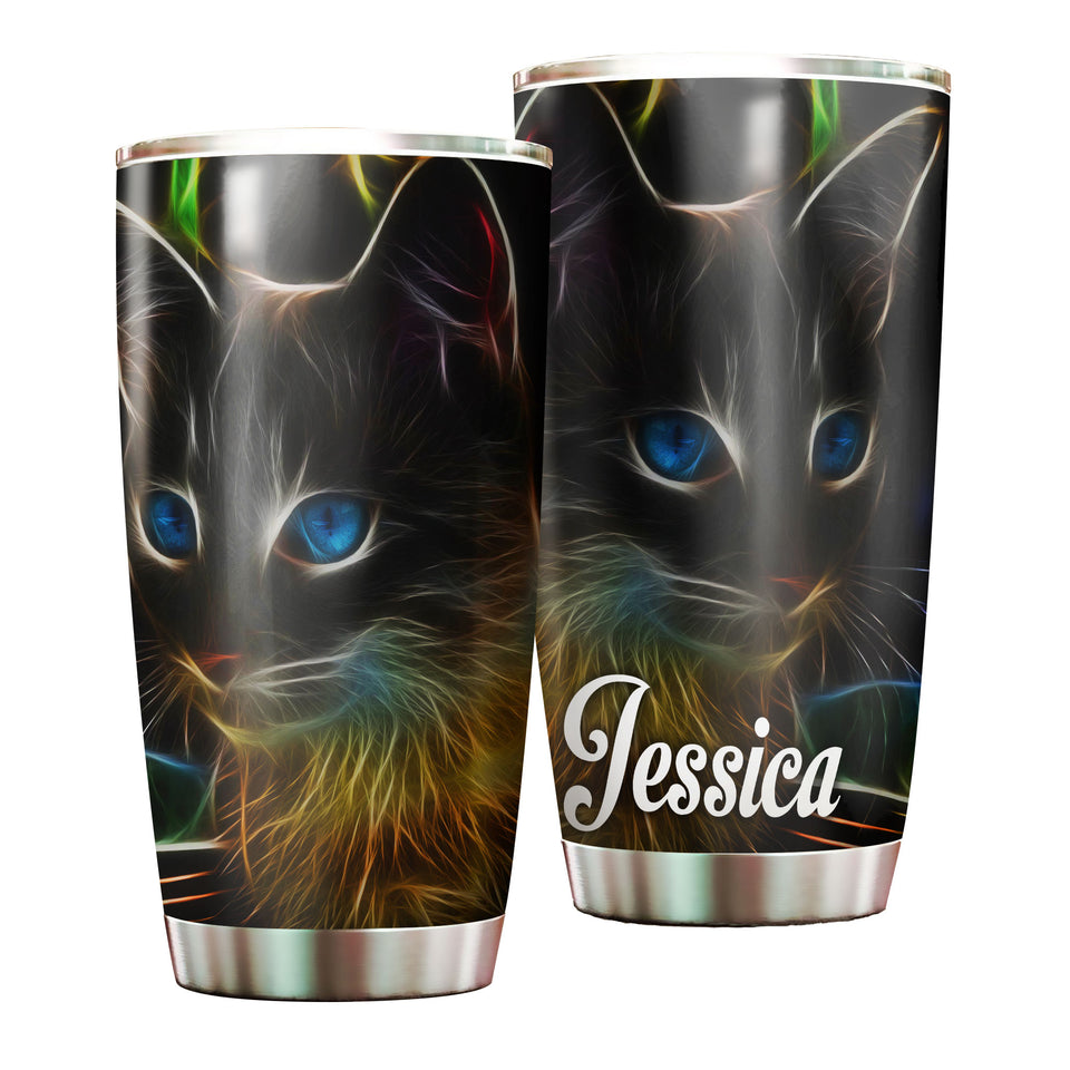 Camellia Personalized 3D Colorful Black Cat Face Stainless Steel Tumbler-Double-Walled Insulation Gift For Cat Lover Mom Cat