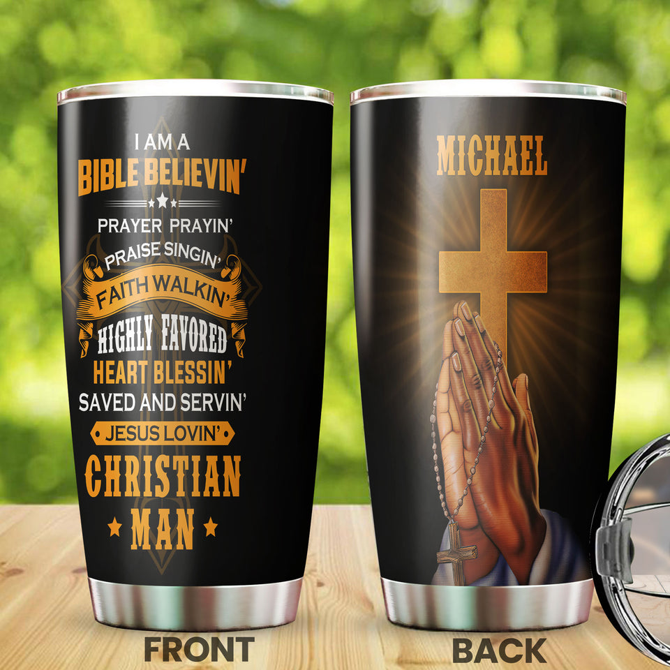Camellia Personalized I Am Bible Believin Stainless Steel Tumbler-Double-Walled Travel Therma Cup With Lid