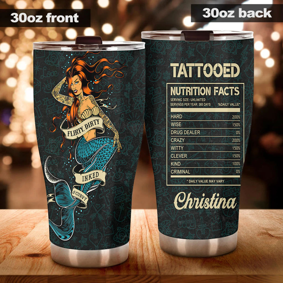 Camellia Personalized Tatooed Nutrition Facts Marmaid Stainless Steel Tumbler-Double-Walled Insulation Travel Cup With Lid