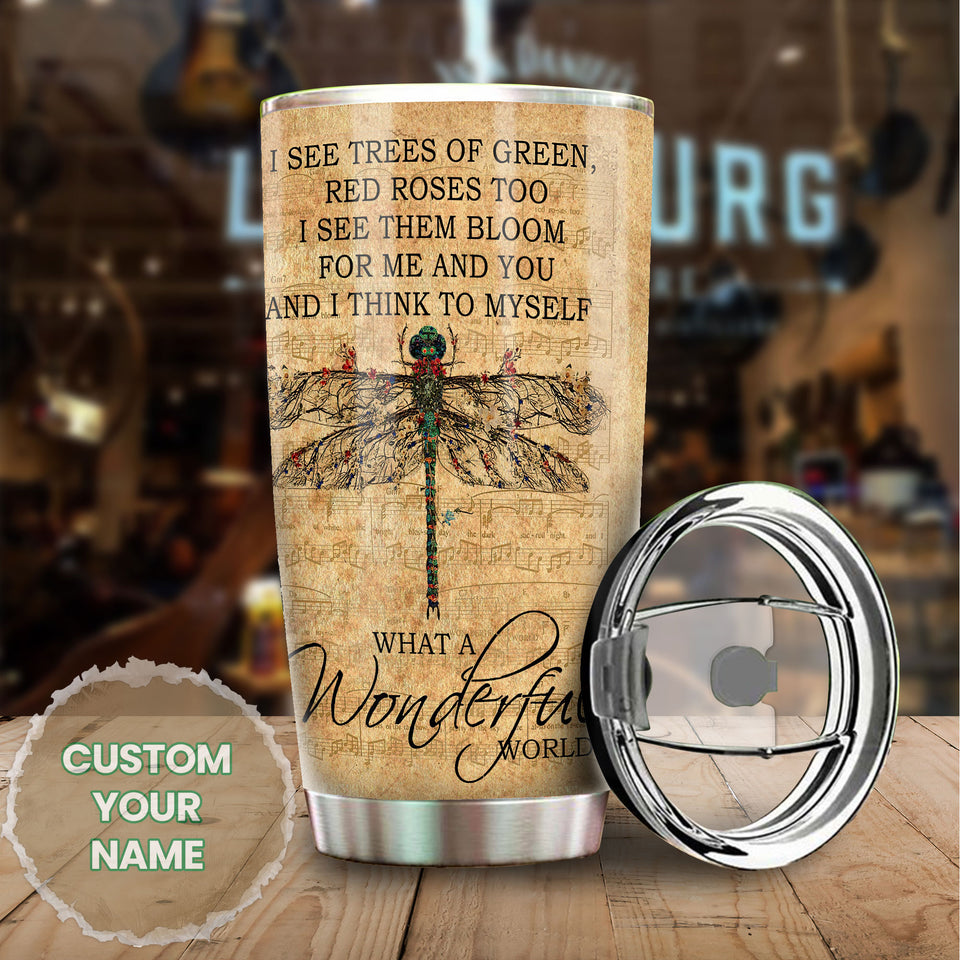 Camellia Personalized Dragonfly What A Wonderful World Stainless Steel Tumbler-Double-Walled Travel Therma Cup With Lid