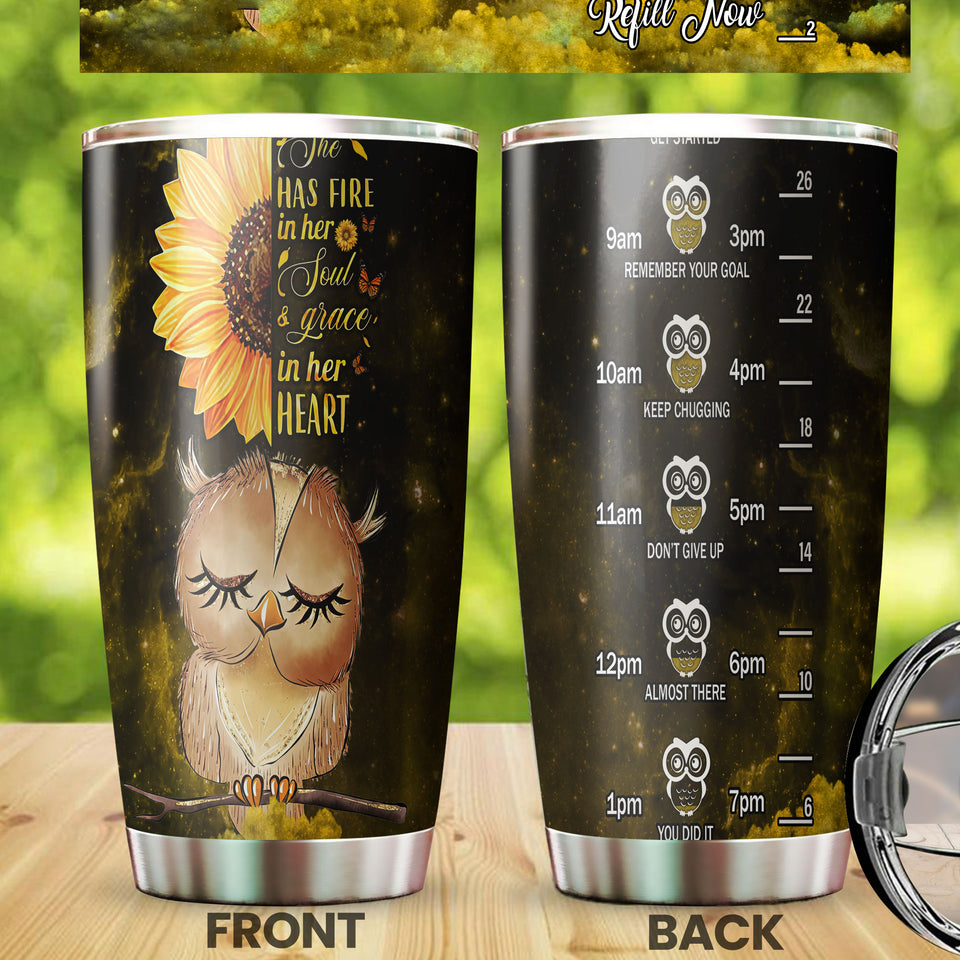 Camellia Personalized Owl She Has Fire In Her Soul Grace In Her Heart Stainless Steel Tumbler - Customized Double-Walled Insulation Travel Thermal Cup With Lid