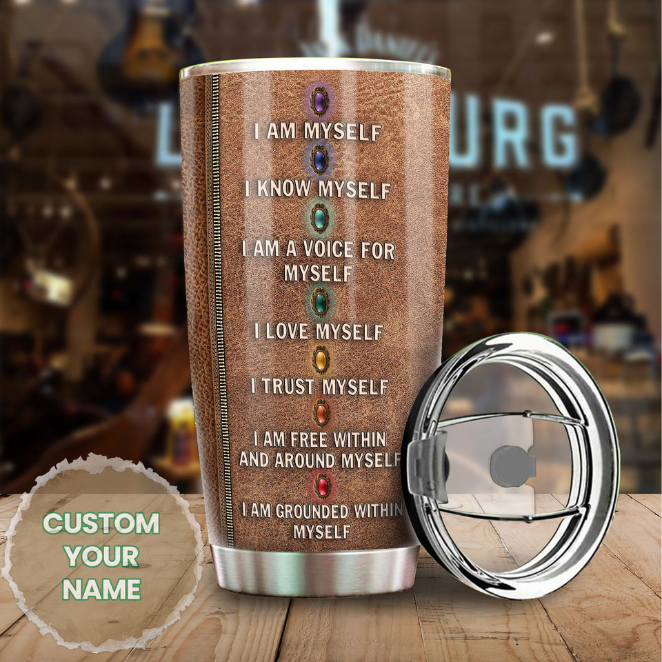 Camellia Personalized Meditation Girl Leather Style Stainless Steel Tumbler-Sweat-Proof Double Wall Travel Cup With Lid