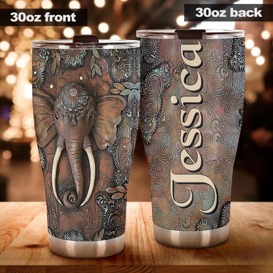 Camellia Personalized Mandala Elephant Stainless Steel Tumbler-Sweat-Proof Double Wall Travel Cup With Lid