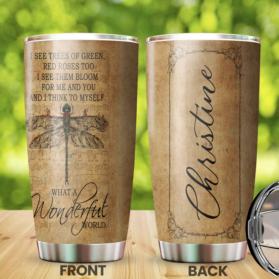 Camellia Personalized Dragonfly What A Wonderful World Stainless Steel Tumbler-Double-Walled Travel Therma Cup With Lid
