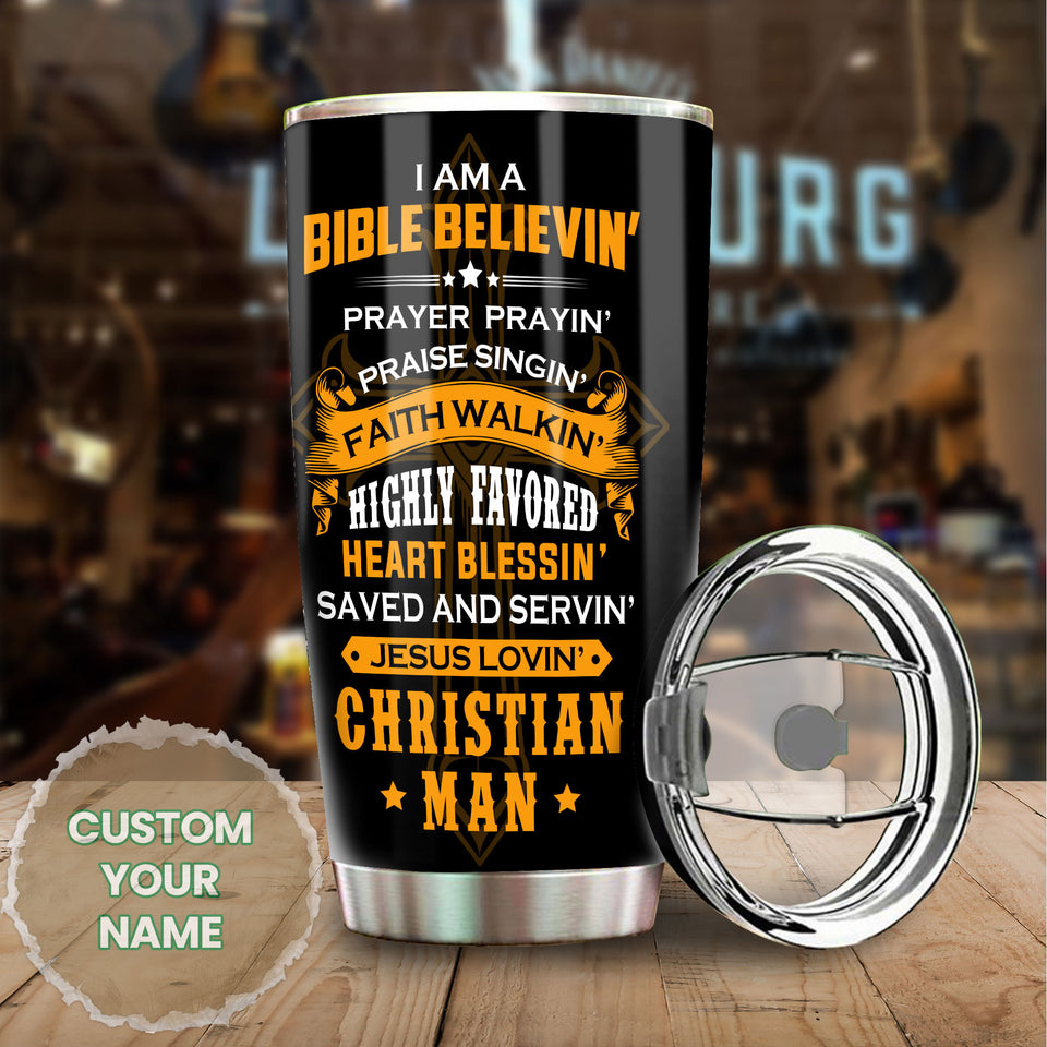 Camellia Personalized I Am Bible Believin Stainless Steel Tumbler-Double-Walled Travel Therma Cup With Lid