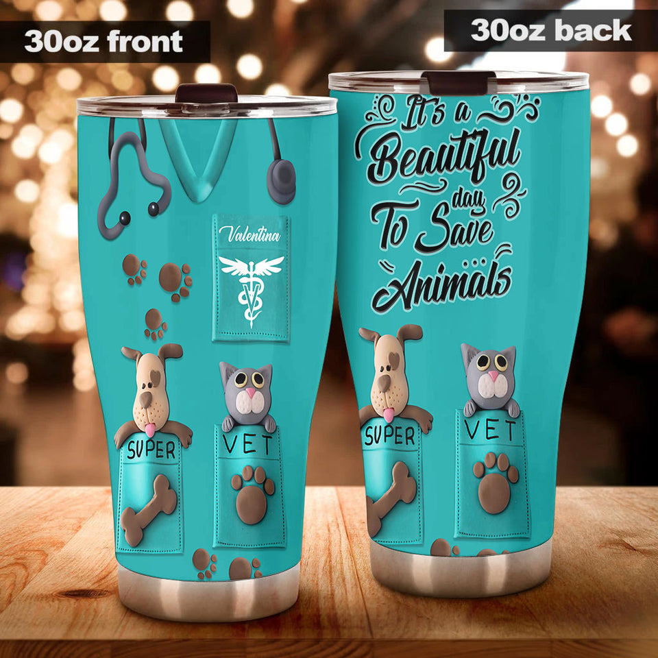 Camellia Personalized 3D Dog Cat Its A Beautiful Day To Save Animal Stainless Steel Tumbler - Customized Double-Walled Insulation Travel Thermal Cup With Lid Gift For Veterinian