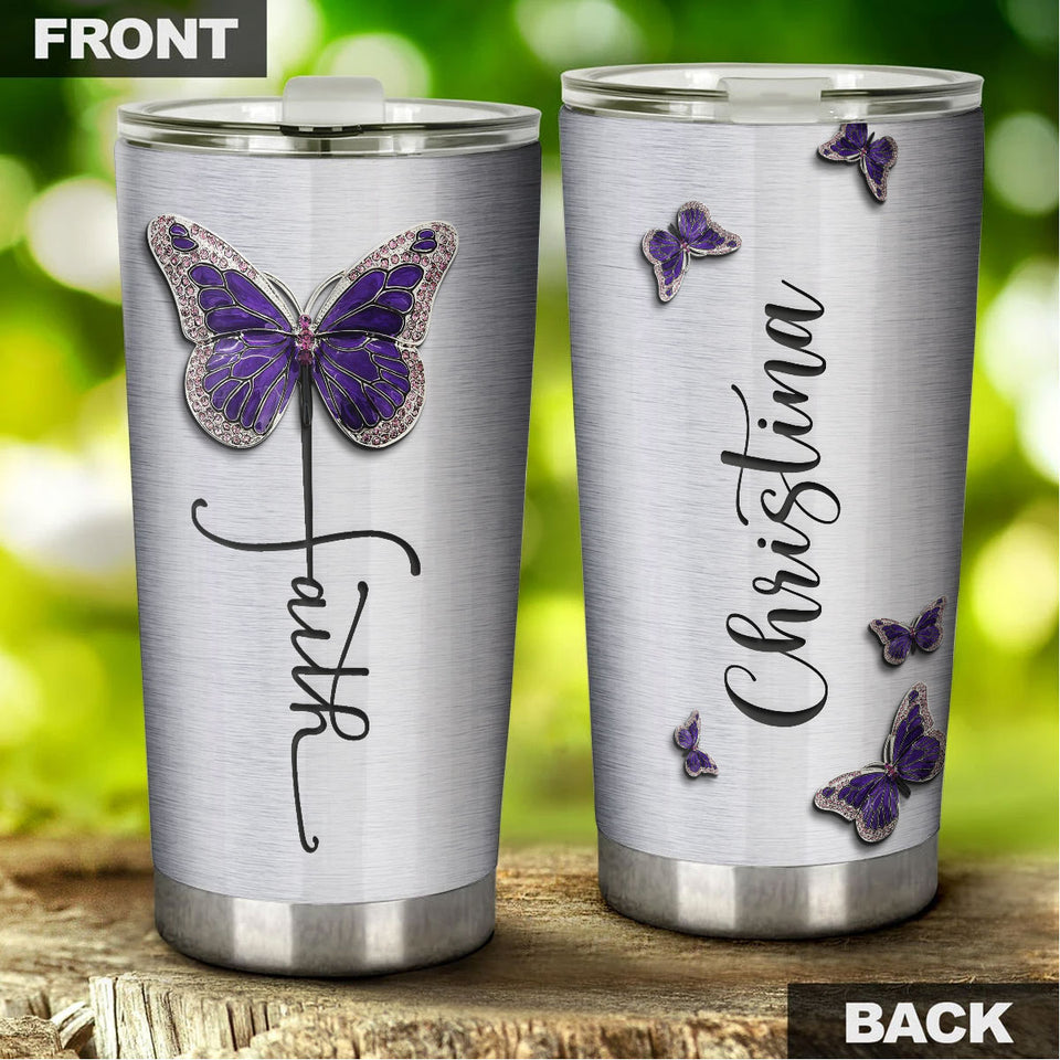 Camellia Personalized Butterfly Faith Jewelry Style Stainless Steel Tumbler - Double-Walled Insulation Vacumm Flask - For Thanksgiving, Memorial Day, Christians, Christmas Gift