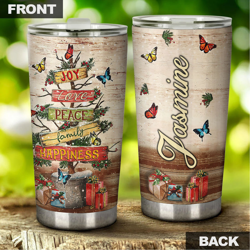 Camellia Personalized Christmas Tree Joy Love Peace Family Happiness Stainless Steel Tumbler - Customized Double-Walled Insulation Travel Thermal Cup With Lid