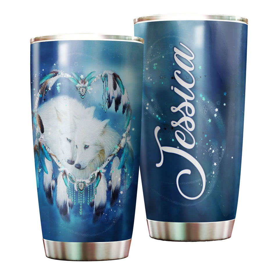 Camellia Persionalized 3D White Wolf Couple Stainless Steel Tumbler - Customized Double - Walled Insulation Travel Thermal Cup With Lid Gift For Couple Lover Husband Wife