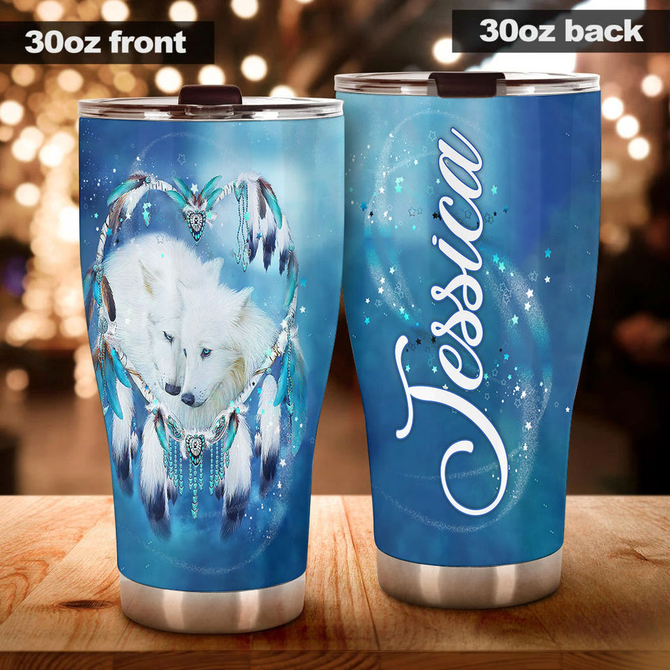 Camellia Persionalized 3D White Wolf Couple Stainless Steel Tumbler - Customized Double - Walled Insulation Travel Thermal Cup With Lid Gift For Couple Lover Husband Wife