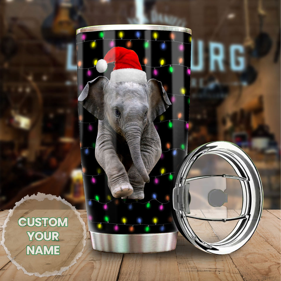 Camellia Personalized Baby Elephant Wear Chirstmas Hat Polka Dots Style Stainless Steel Tumbler-Double-Walled Travel Therma Cup With Lid