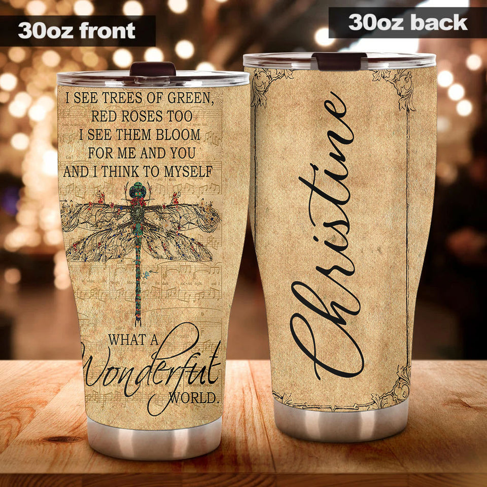 Camellia Personalized Dragonfly What A Wonderful World Stainless Steel Tumbler-Double-Walled Travel Therma Cup With Lid