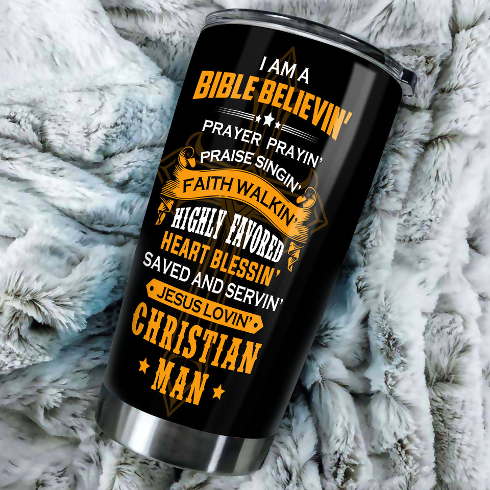 Camellia Personalized I Am Bible Believin Stainless Steel Tumbler-Double-Walled Travel Therma Cup With Lid