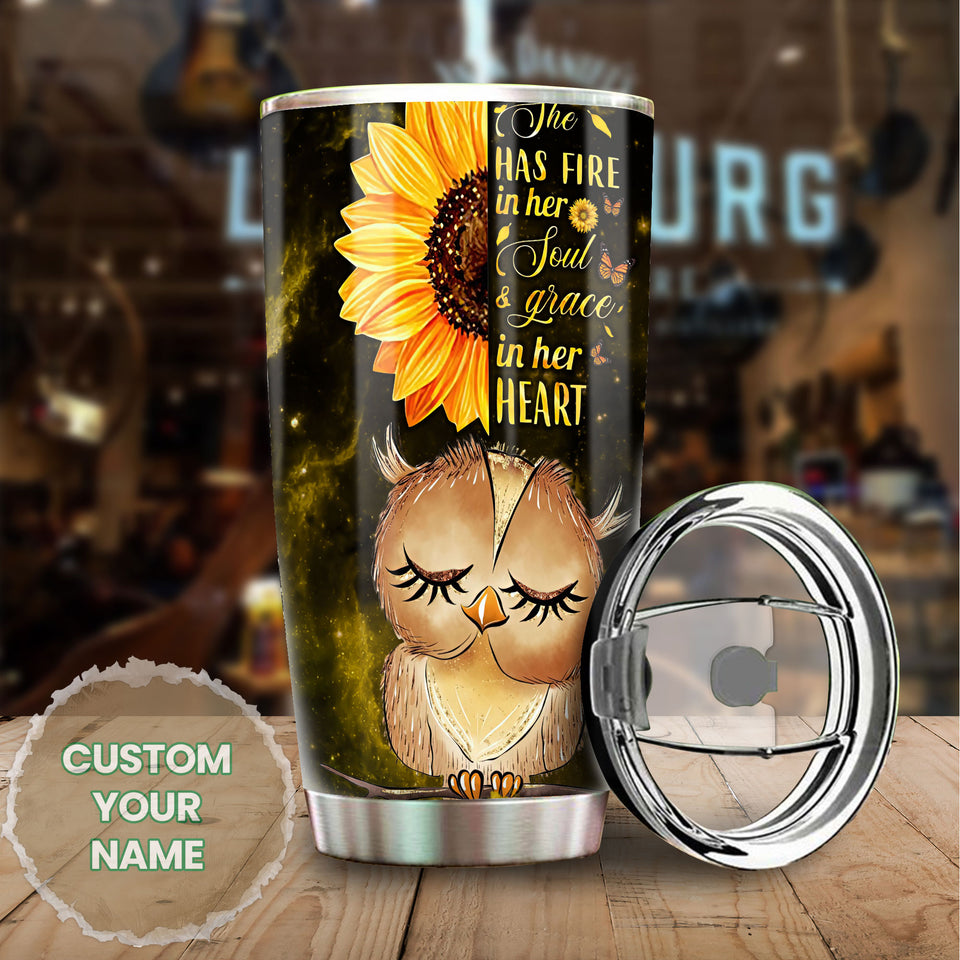 Camellia Personalized Owl She Has Fire In Her Soul Grace In Her Heart Stainless Steel Tumbler - Customized Double-Walled Insulation Travel Thermal Cup With Lid