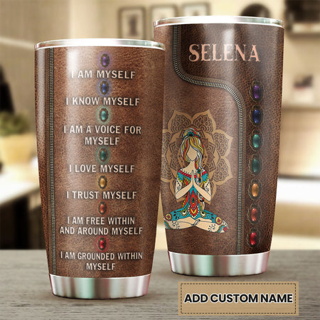Camellia Personalized Meditation Girl Leather Style Stainless Steel Tumbler-Sweat-Proof Double Wall Travel Cup With Lid