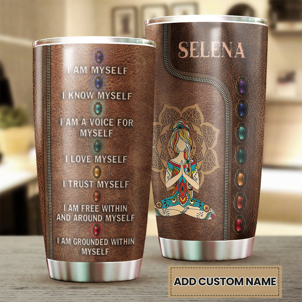 Camellia Personalized Meditation Girl Leather Style Stainless Steel Tumbler-Sweat-Proof Double Wall Travel Cup With Lid