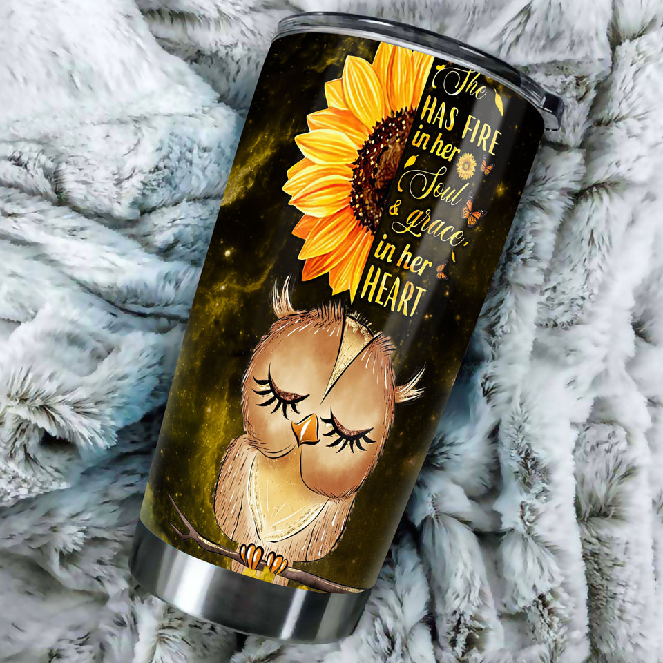Camellia Personalized Owl She Has Fire In Her Soul Grace In Her Heart Stainless Steel Tumbler - Customized Double-Walled Insulation Travel Thermal Cup With Lid
