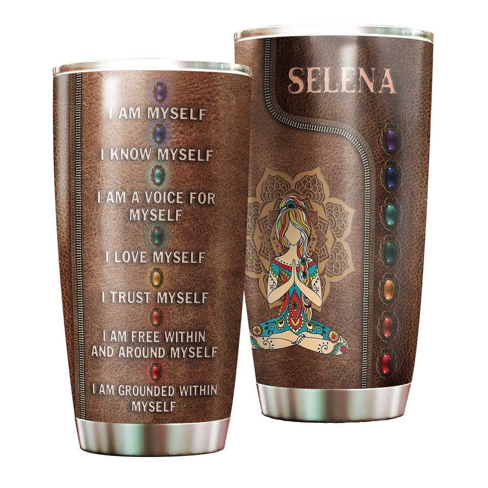 Camellia Personalized Meditation Girl Leather Style Stainless Steel Tumbler-Sweat-Proof Double Wall Travel Cup With Lid
