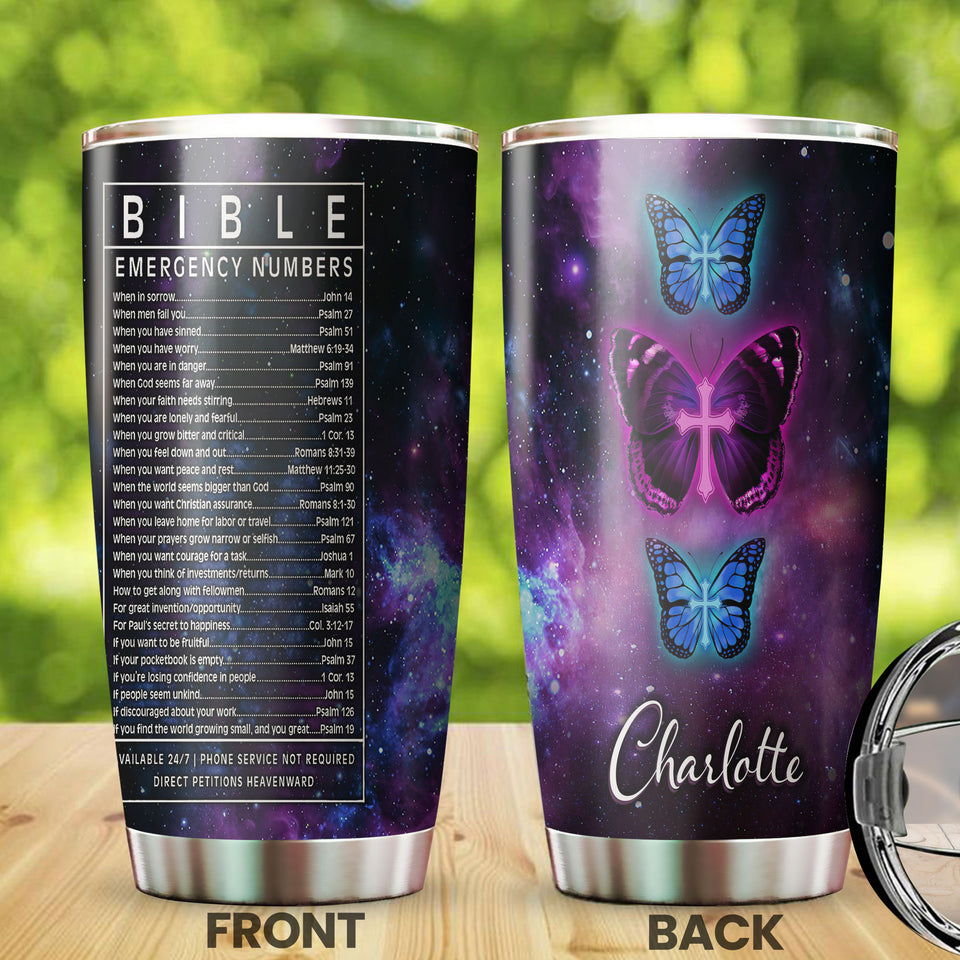 Camellia Personalized Butterfly Cross Bible Emergency Numbers Stainless Steel Tumbler - Double-Walled Insulation Vacumm Flask - For Thanksgiving, Memorial Day, Christians, Christmas Gift